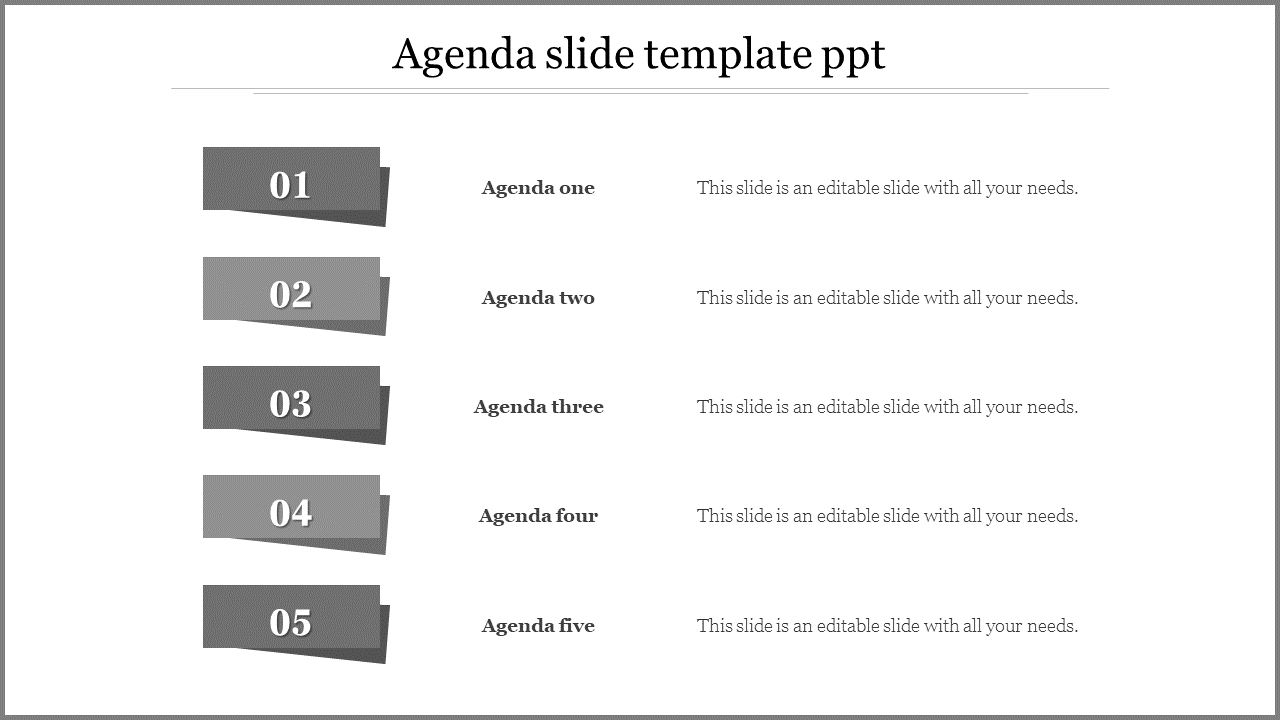 Agenda PPT slide with five numbered sections for different agenda items labeled in grey 1 through 5 with placeholder text.