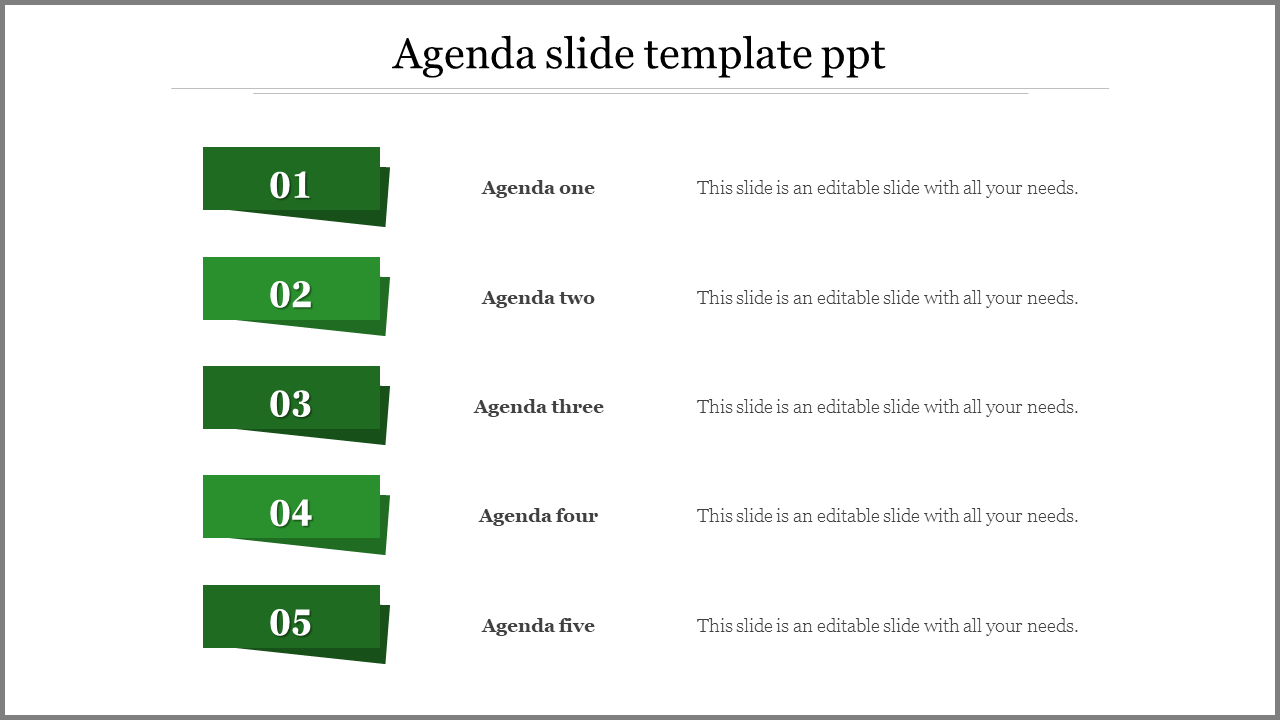 Numbered agenda template with five green segments, each with an agenda point title and descriptive placeholder text.