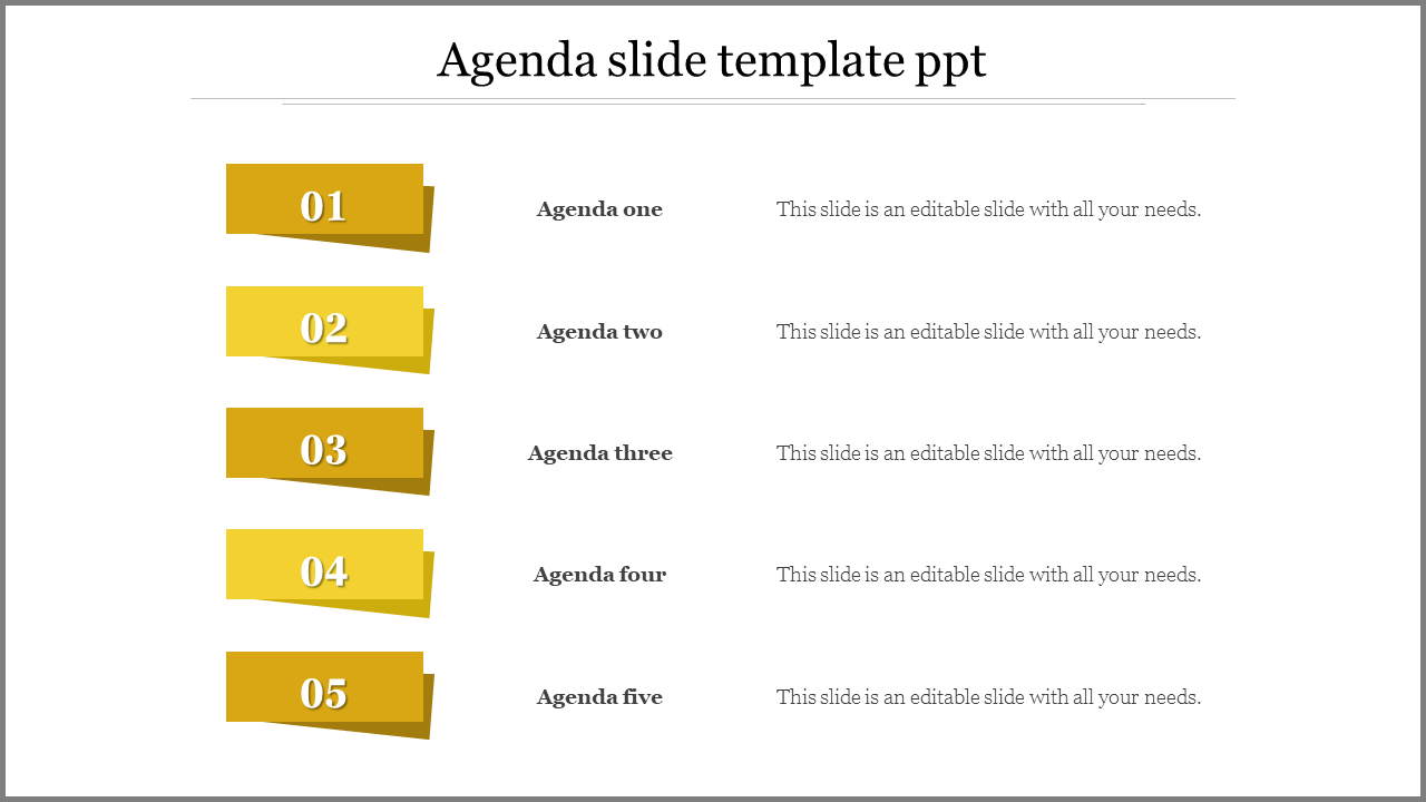 Agenda PPT slide with five numbered sections for different agenda items labeled in yellow 1 through 5 with placeholder text.