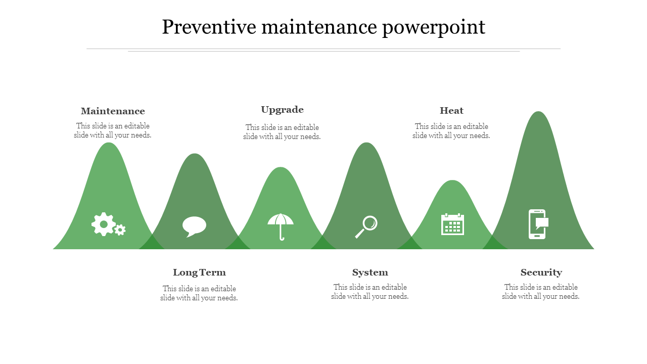 Preventive slide with six green mountain peaks, varying in height, featuring white icons and captions.