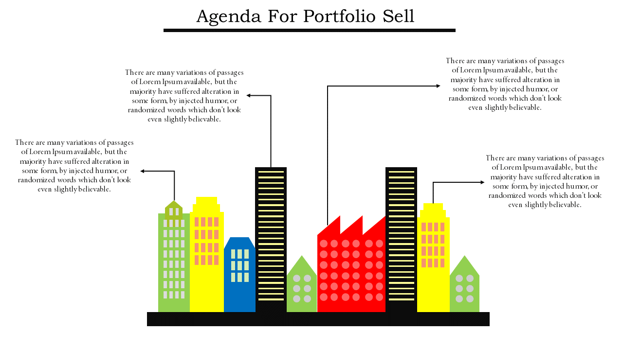 Agenda slide featuring colorful buildings, black arrows pointing to text boxes, and a vibrant city skyline at the bottom.