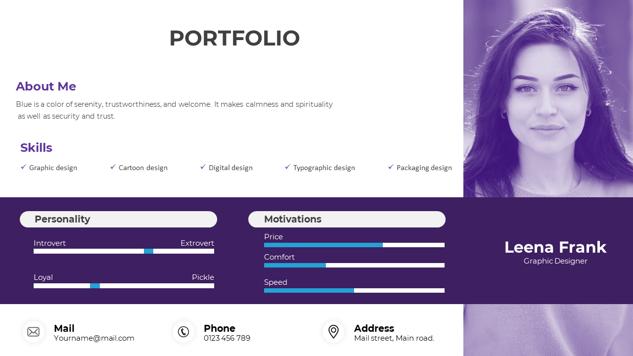 Portfolio slide featuring a profile picture, skills list, personality and motivations chart, and contact details.