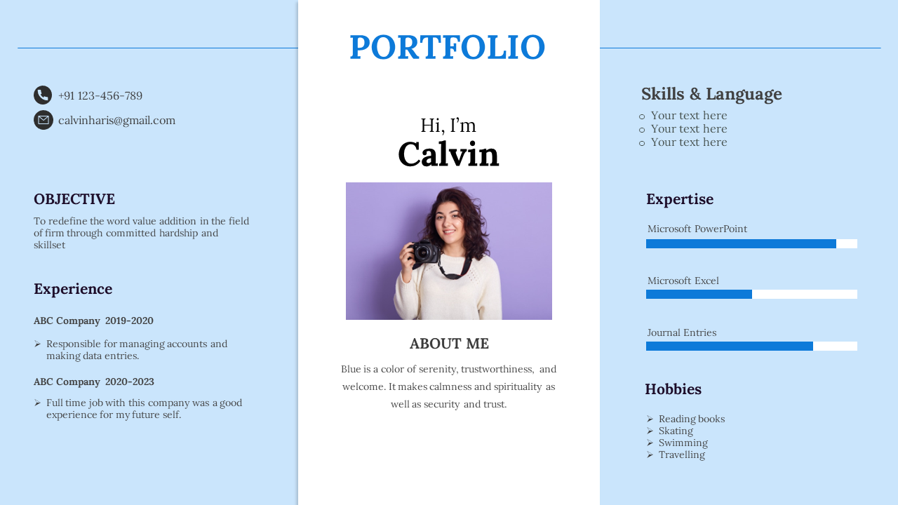 Three column portfolio template with centered profile photo, objective, work experience, expertise, and hobbies sections.