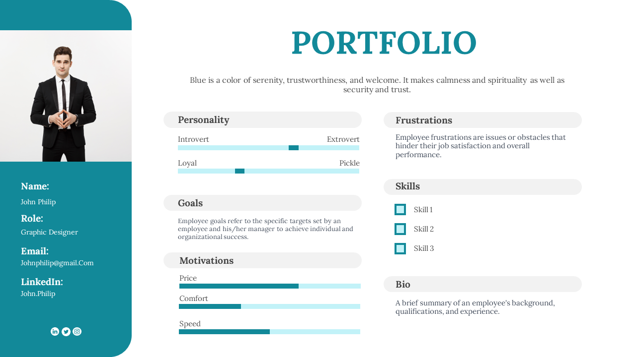 Portfolio slide showcasing a graphic designer's personal information, skills, goals, and frustrations, with an image.