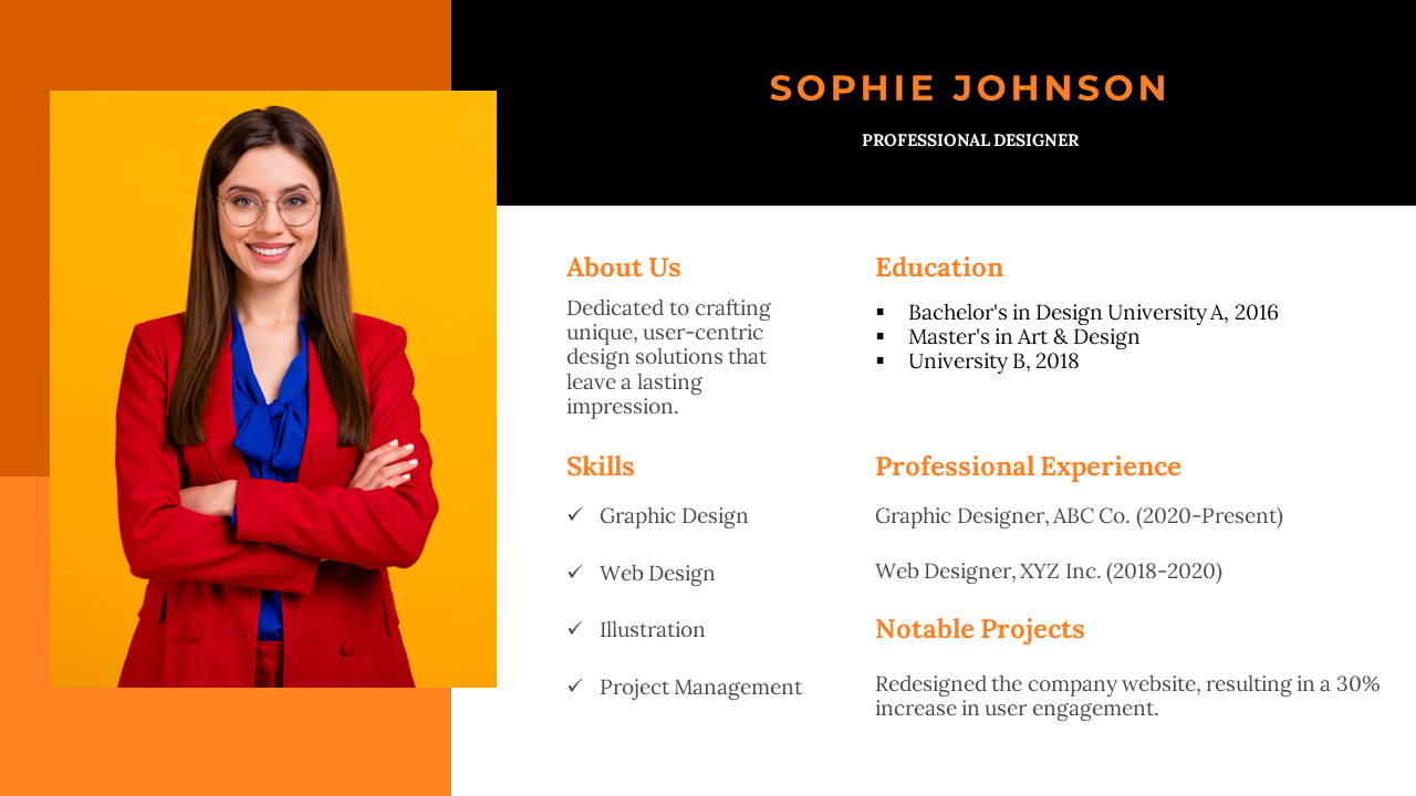 Portfolio slide featuring a professional designer's photo, skills, education, experience, and notable projects.