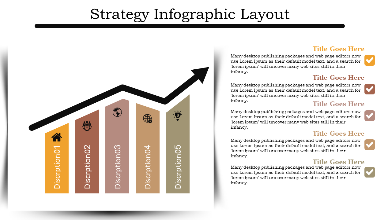 Strategy Infographic layout slide with a rising bar chart and five sections for key points with icons.