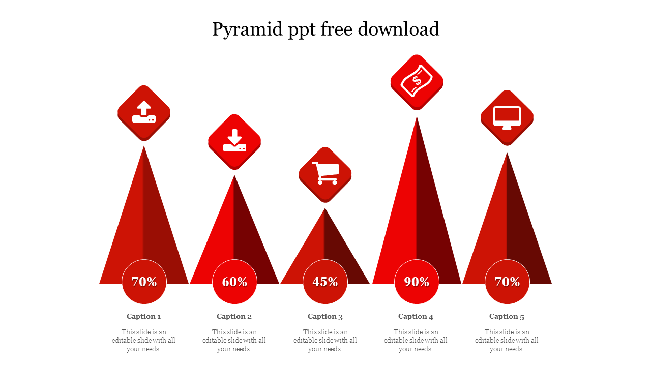 Red pyramid chart PPT slide with icons representing different categories and percentages with captions and icons.