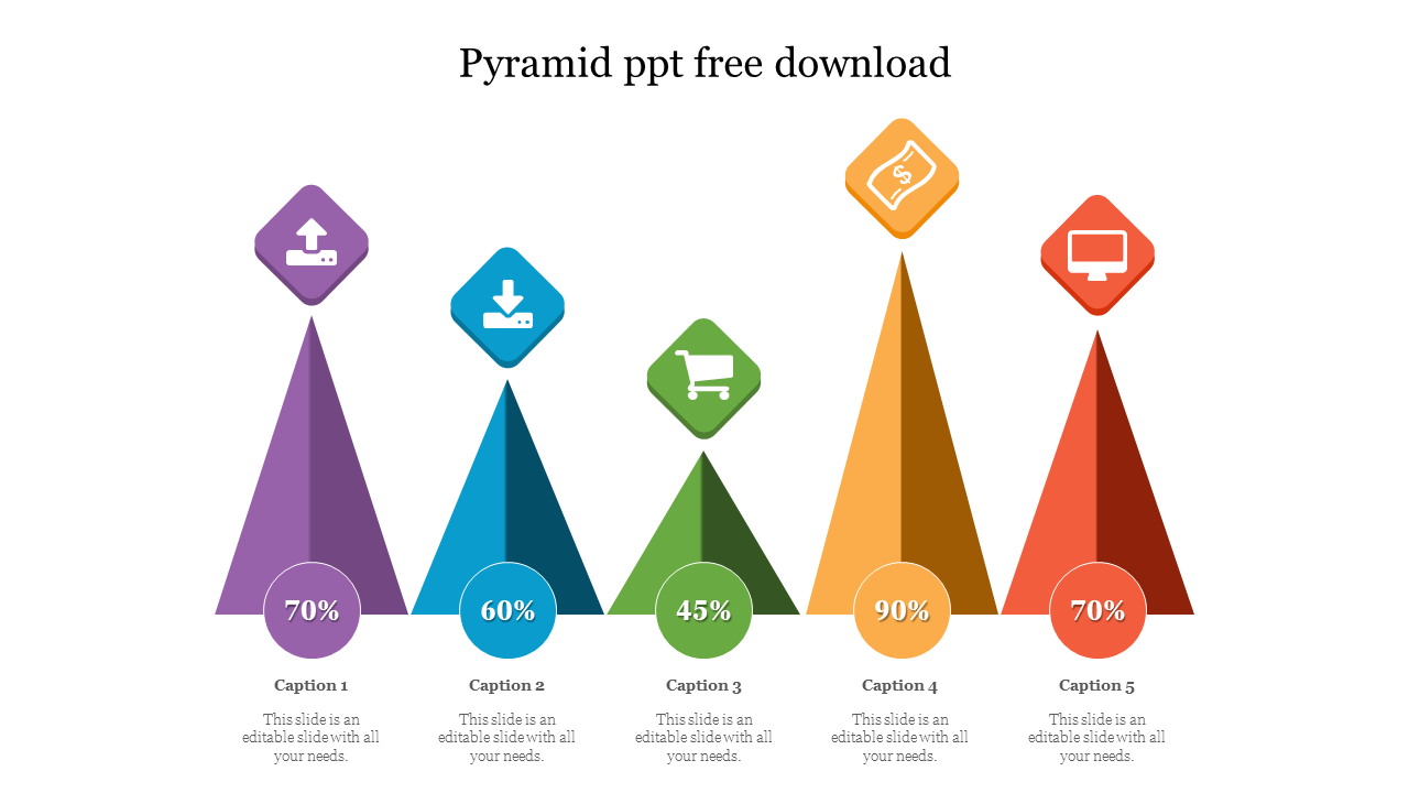 Slide featuring five colorful pyramids with percentage values and diamond-shaped icons representing various concepts.