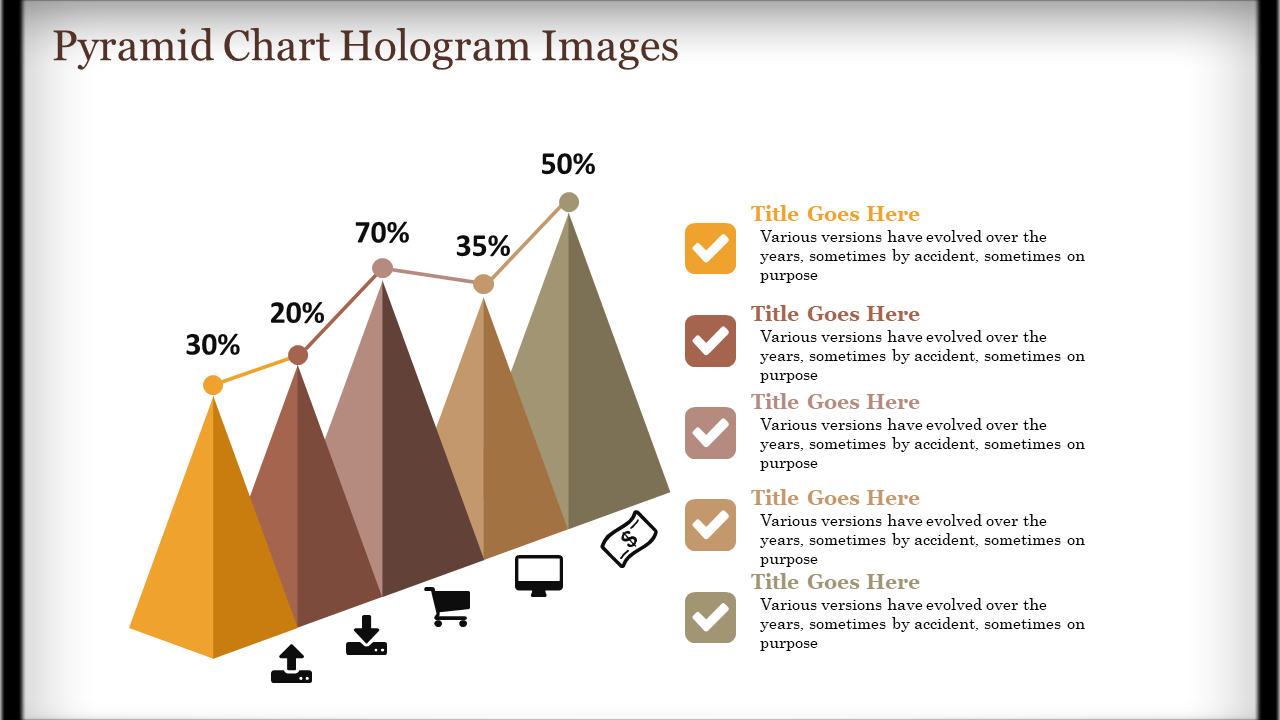 Pyramid infographic with five triangular segments, connected by a trend line, labeled with percentage values and icons.