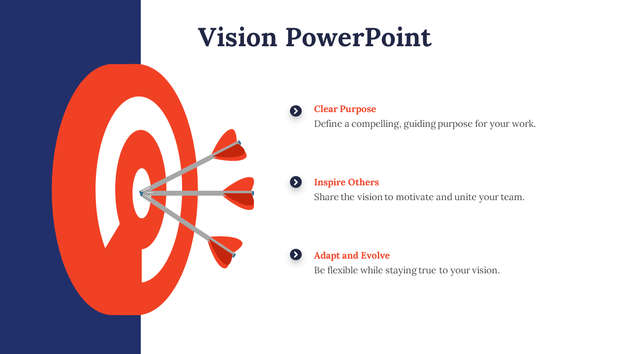 Vision PPT slide with a target graphic and three sections with a clear purpose to adapt and evolve, each with a description.