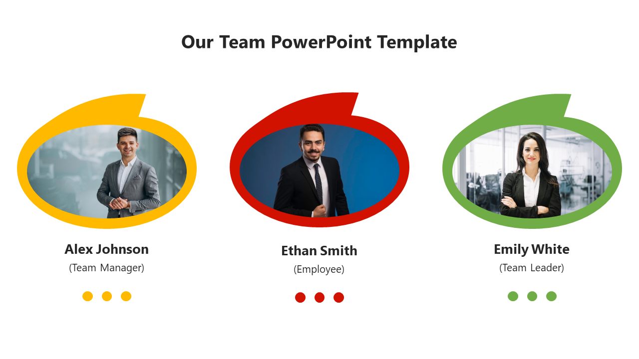 Our team template showcasing three portraits in yellow, red, and green frames, with names, roles, and dots below each.