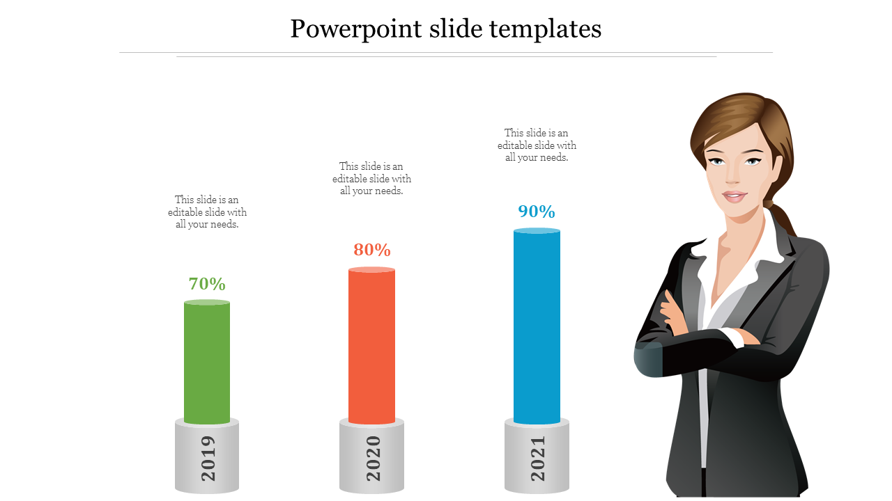 Bar charts in vertical layout with green, orange, and blue columns beside a businesswoman illustration.