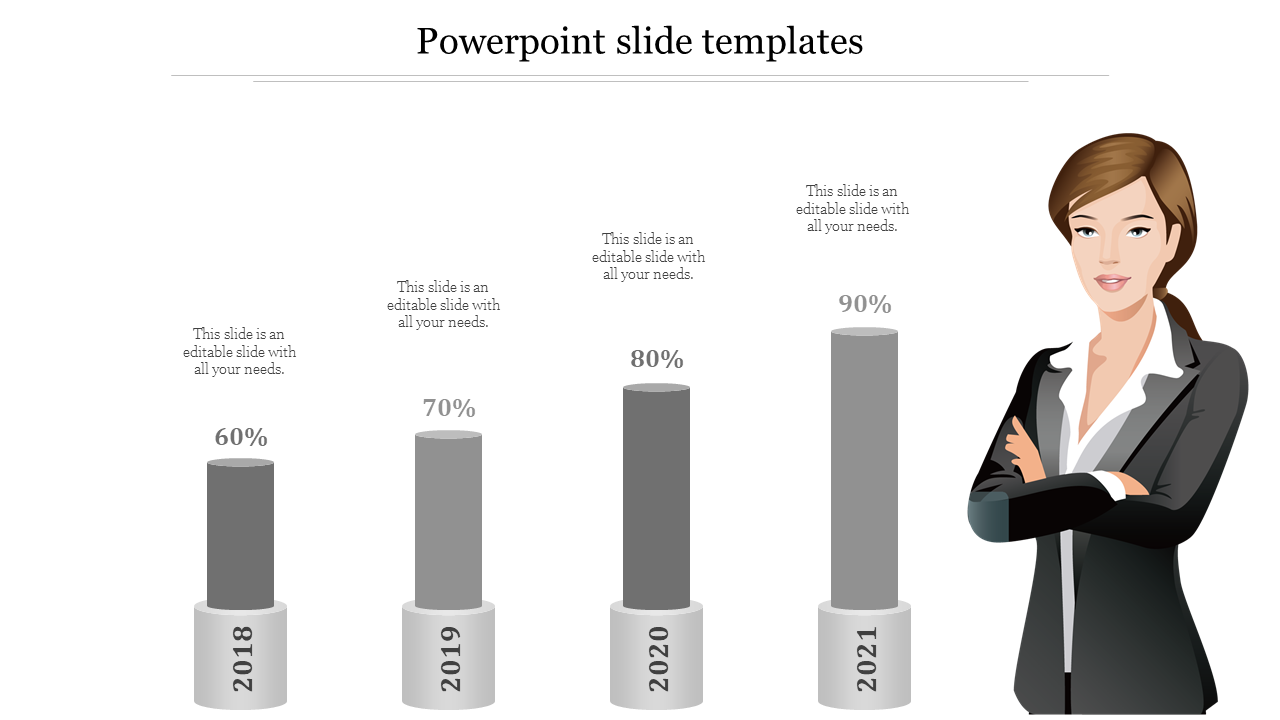 Grey bar chart PPT slide with years 2018 to 2021 and percentages and a businesswoman presenting the information.