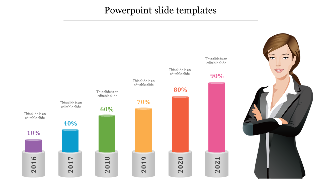 Vertical bars in purple, blue, green, yellow, orange, and pink showing percentages, next to a businesswoman.