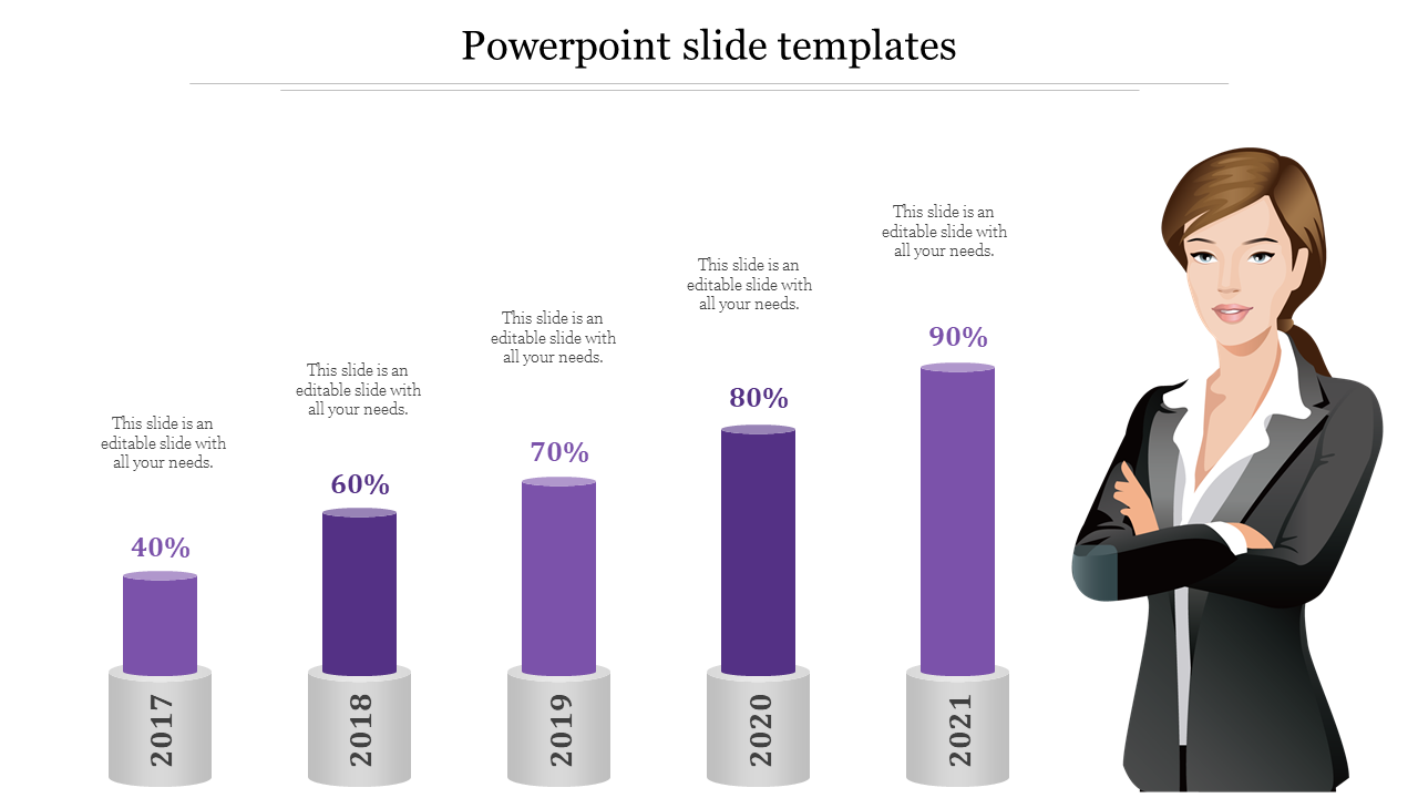 Five vertical purple bars in a row, each on a gray base, with a businesswoman figure on the right side.