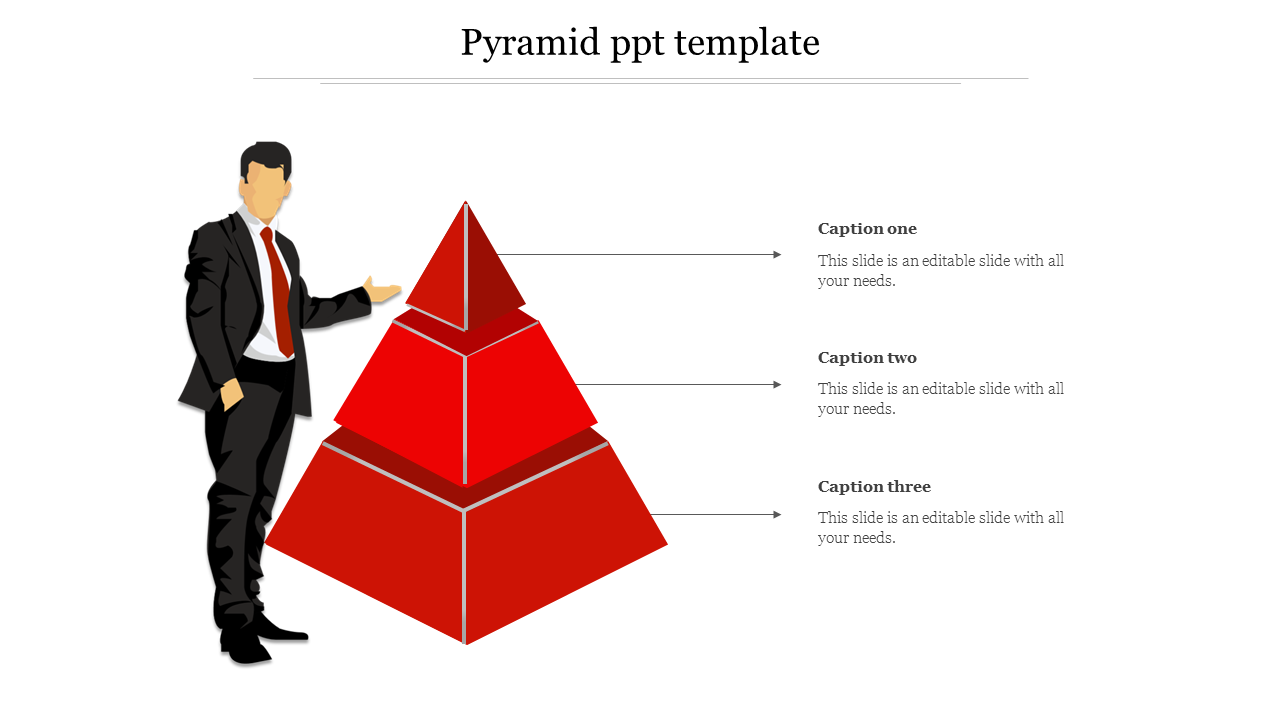 Red pyramid shape with three levels beside a man in a black suit, pointing towards each section.