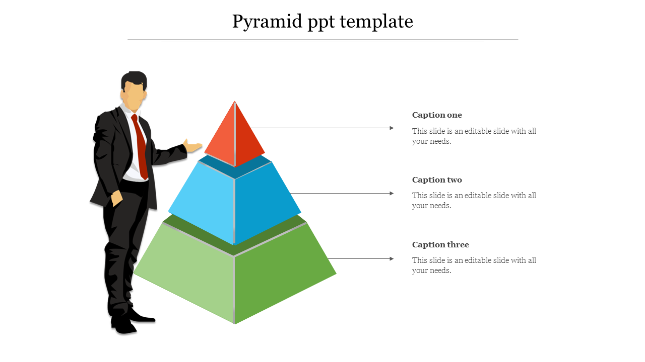 Three-layer pyramid in red, blue, and green with a businessman beside it, each layer linked to placeholder text areas.