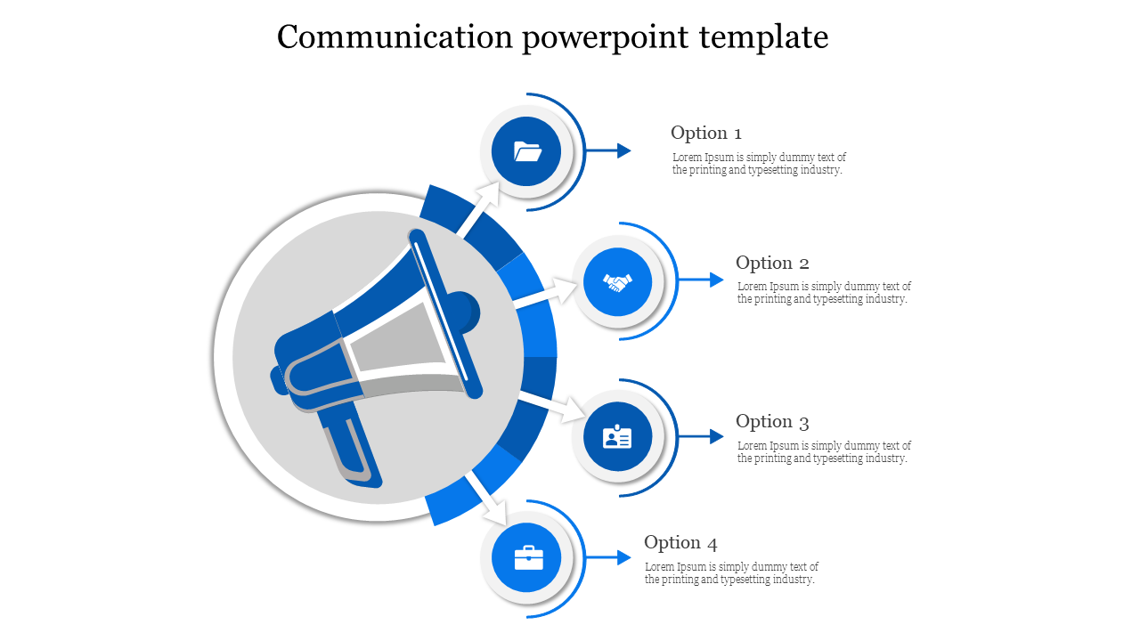 Communication-themed slide with a megaphone and four surrounding options, each represented by a blue icon with arrows.