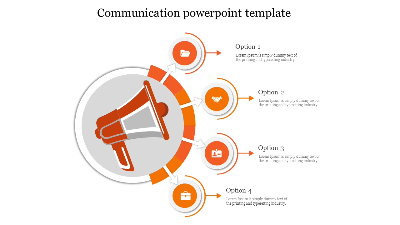 Communication PPT slide with an orange central megaphone icon and four options with arrows and corresponding icons.