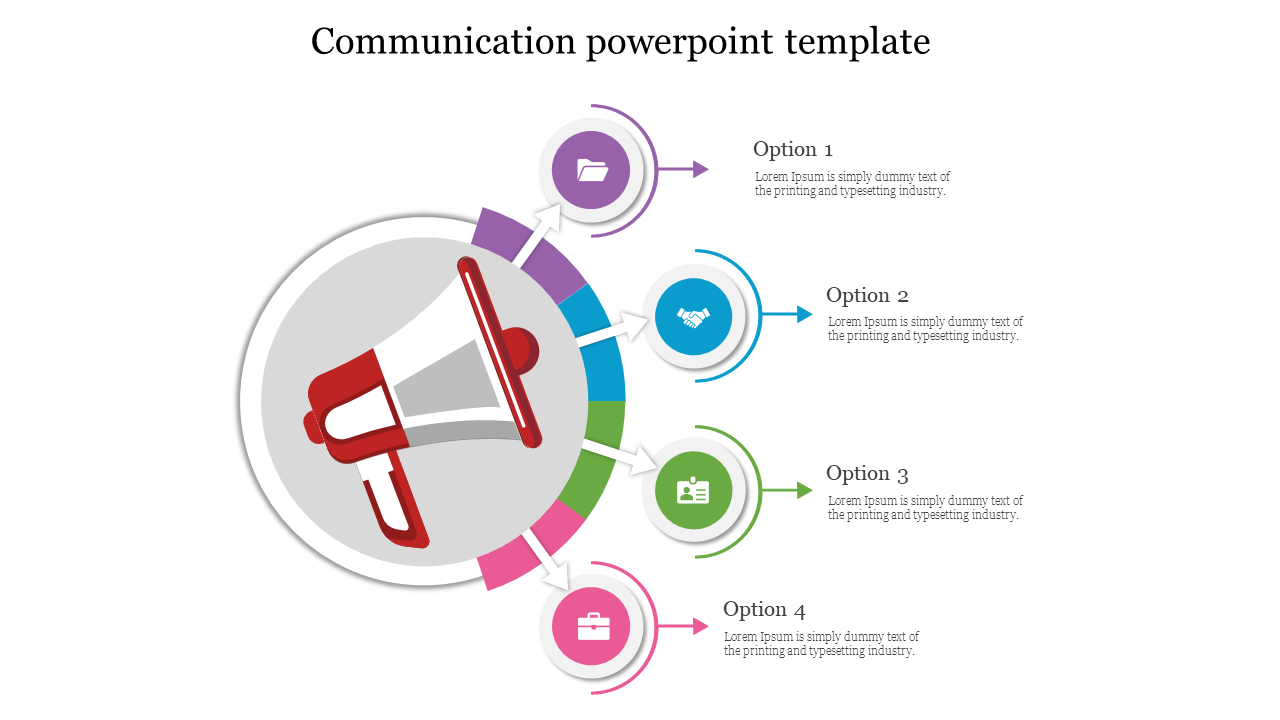 A communication infographic with a megaphone, surrounded by four icons and labeled options with placeholder text areas.