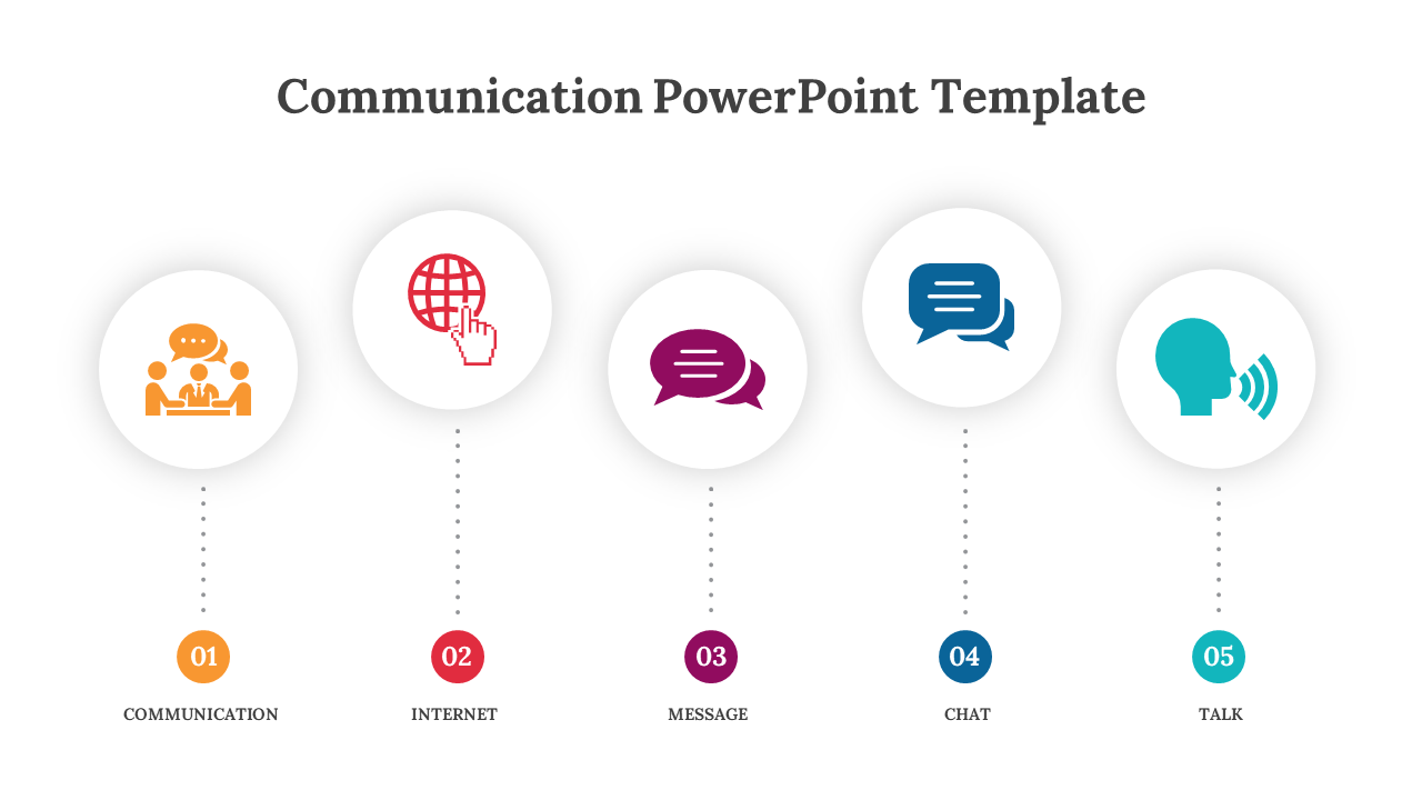 Slide with five circular icons depicting various communication methods, each with a label below.