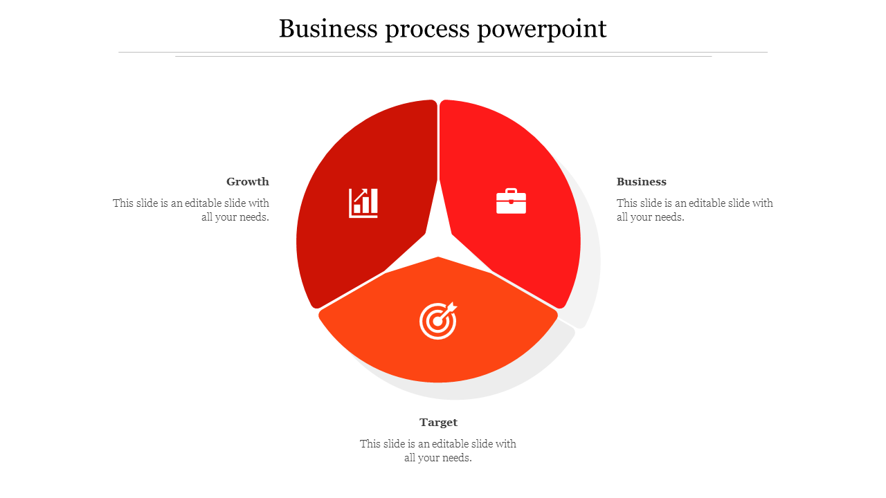 Business process slide shows a red circular diagram with three sections growth, business, and target, each with icons.