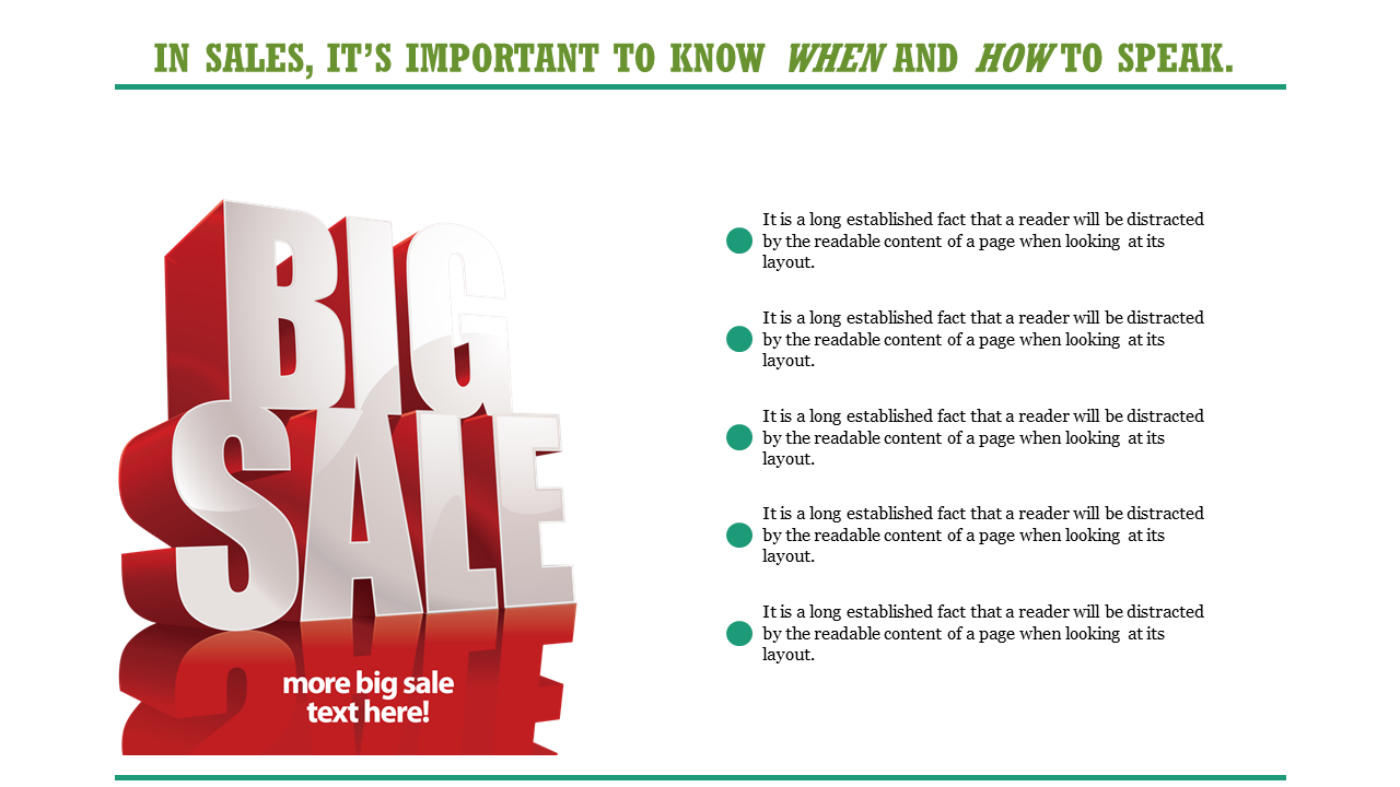 Sales slide featuring a large 3D big sale graphic on the left and a list of bullet points with placeholder text areas.