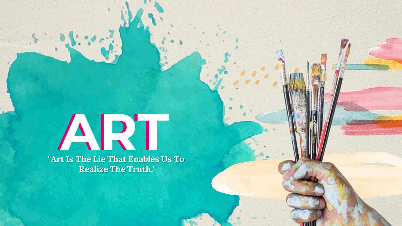 Hand holding paintbrushes on the right and text on a teal watercolor splash background against a textured backdrop.