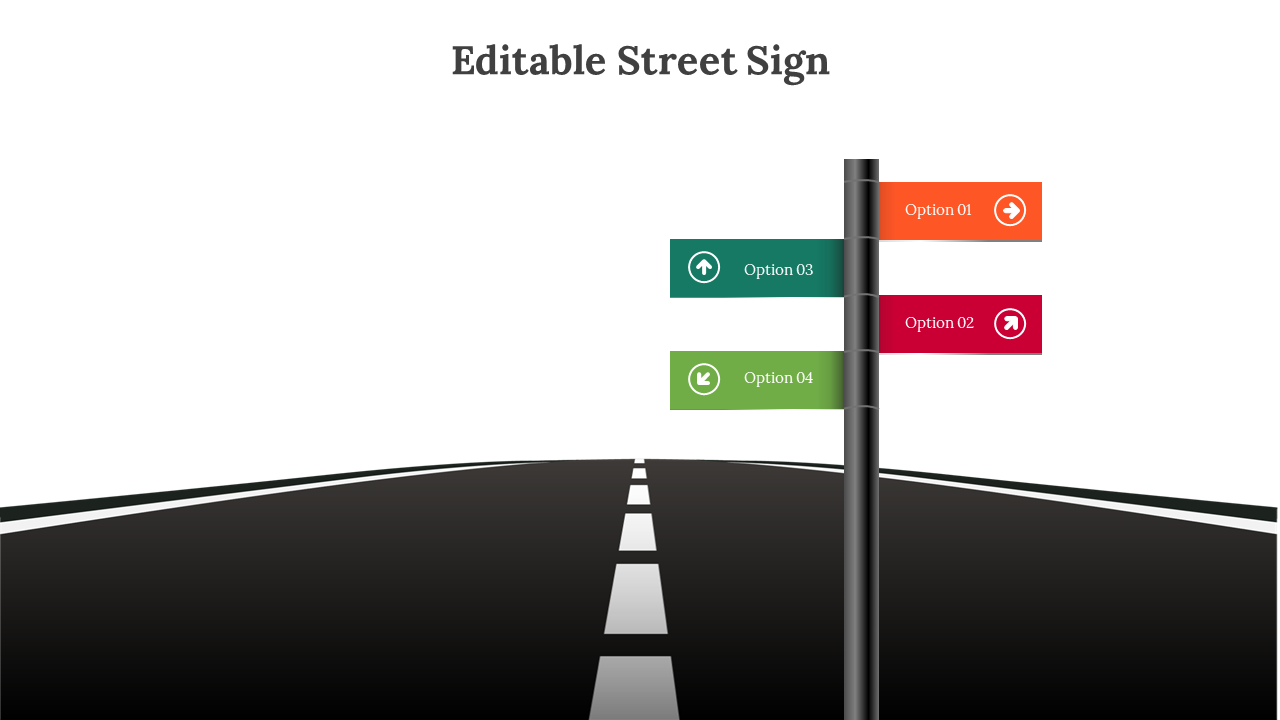 Street sign on an empty road with four color-coded direction labels, Each with numberd captions.