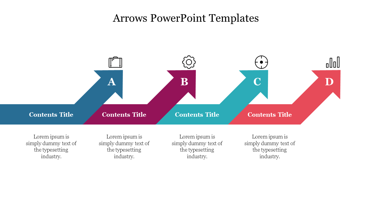 PowerPoint slide featuring four colored arrows labeled A, B, C, and D, each with icons and content sections.