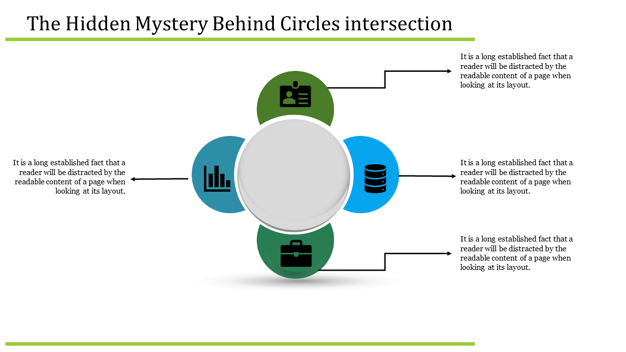 Circle infographic layout slide with four sections, each containing an icon and a descriptive text.