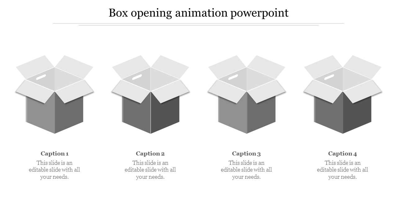 Four gray open box illustrations in a row, each with a white lid and captions below.