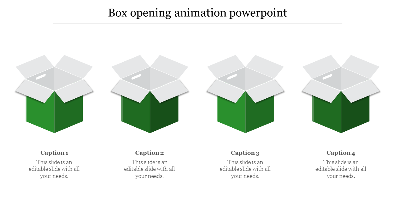 PowerPoint slide showing four boxes in different stages of opening, with green and gray colors, each with a caption.