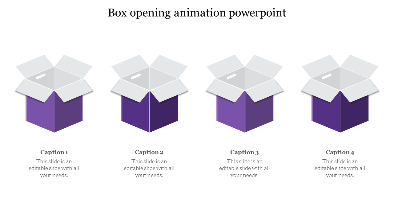 Four purple boxes with open tops in a row, each with a white lid, and corresponding captions below.