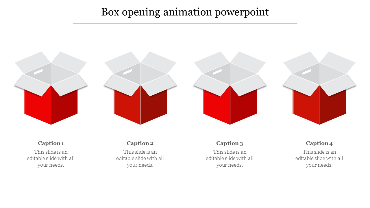 PowerPoint slide showing four boxes in different stages of opening, with red and gray colors, each with a caption.