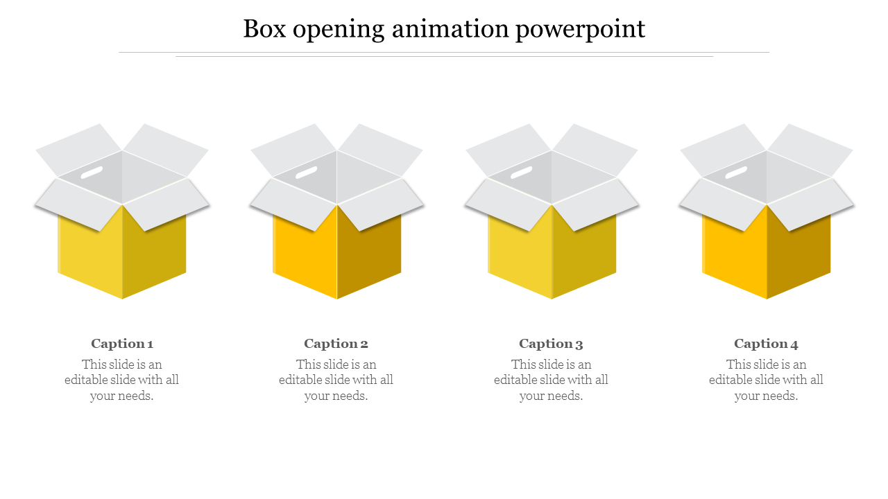 Four yellow boxes with gray open lids, each labeled with captions and aligned horizontally on a white background.