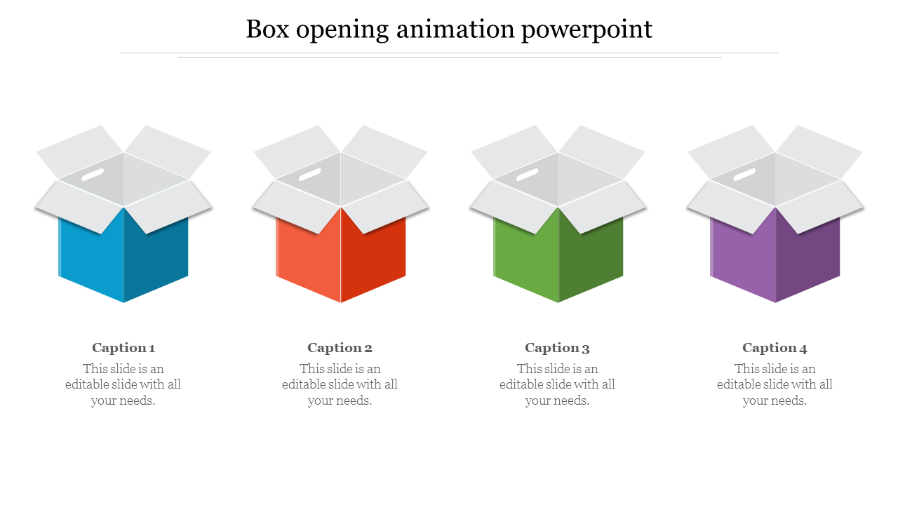 Four open boxes in blue, red, green, and purple, arranged in a row with captions below each.