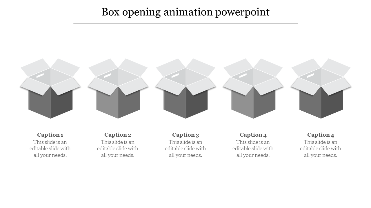 Five gray boxes with white tops, symbolizing a box opening animation, each with a label below.