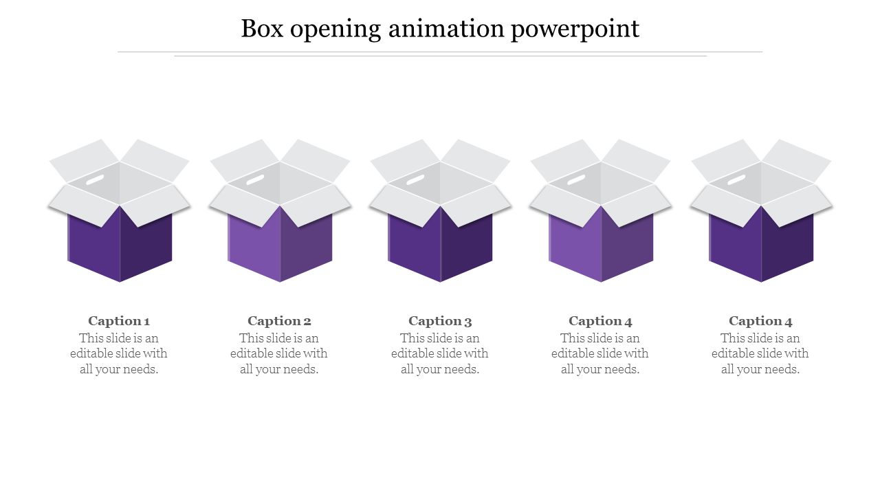 PowerPoint slide showing five boxes in different stages of opening, with purple and gray colors and captions below each.