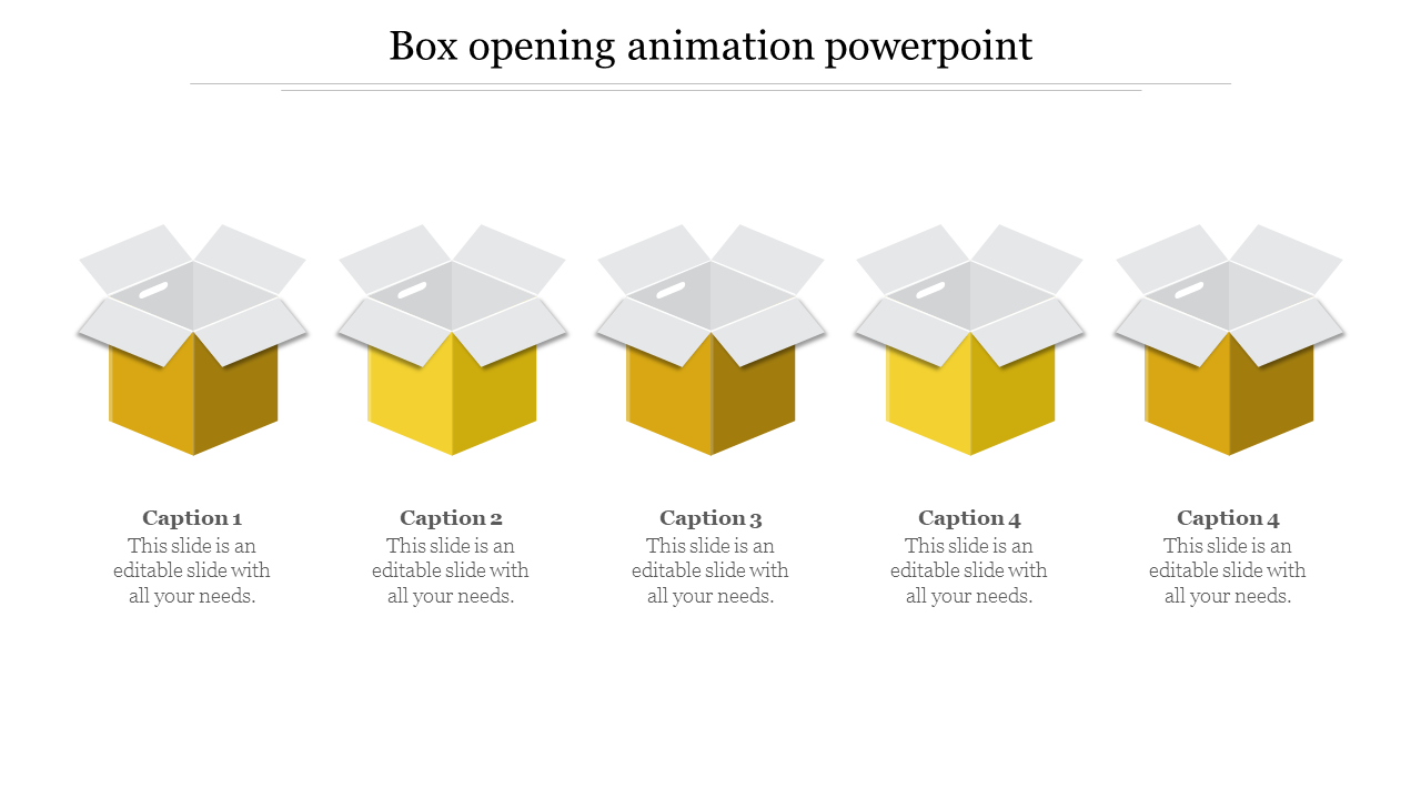 Illustration of five yellow boxes with open lids, arranged in sequence, with caption areas beneath each.