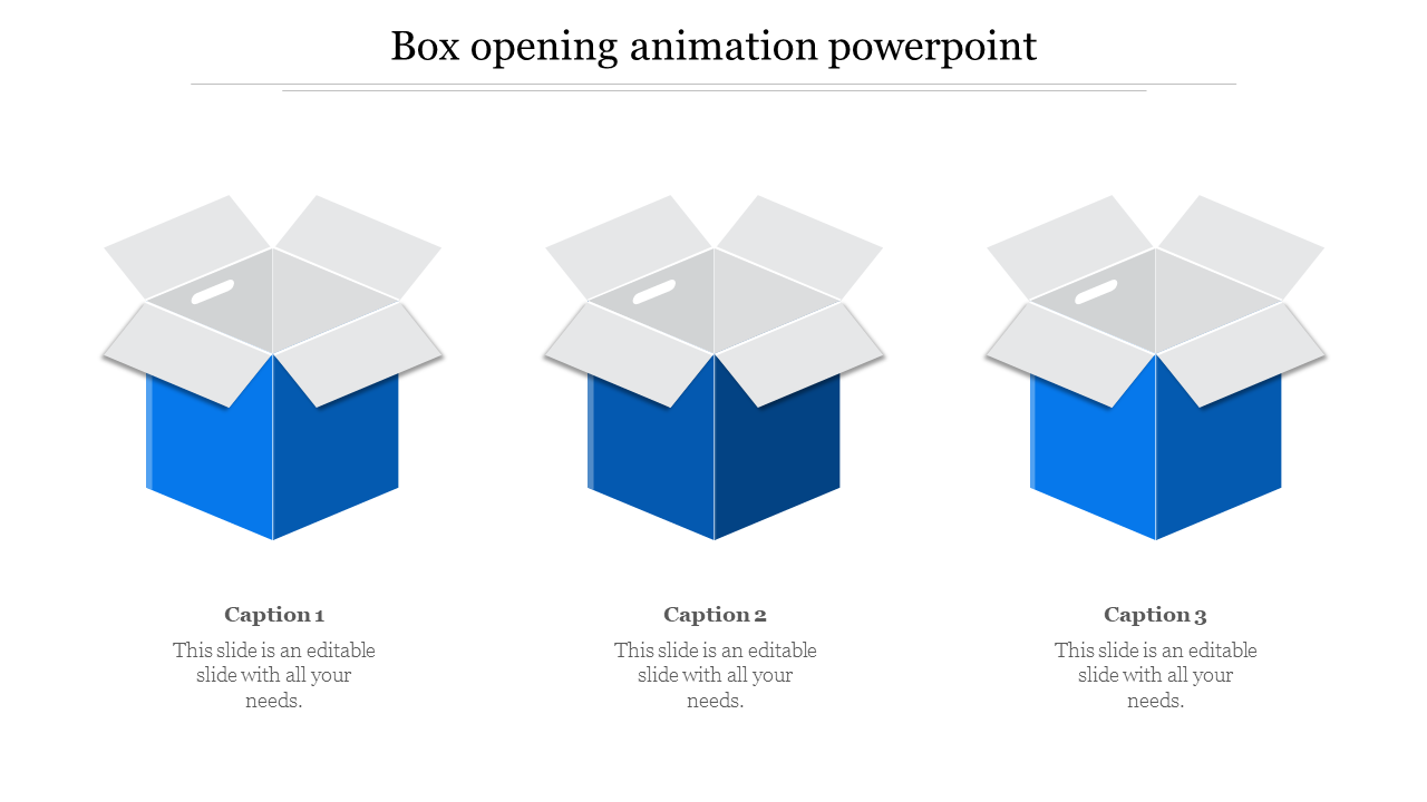 Box opening animation template with three open boxes with different lid positions.