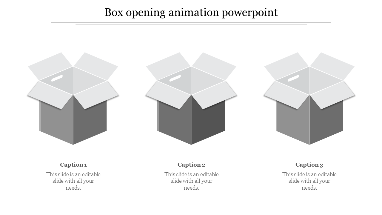 Three boxes with gray and white color scheme, all with open lids, each followed by a caption for text input.