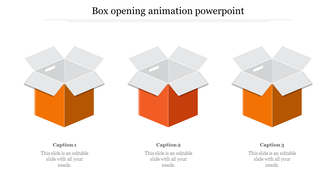 PowerPoint slide showing three boxes in different stages of opening with orange and gray colors, labeled with captions.