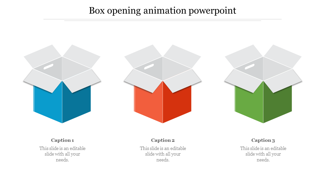 Slide featuring three open boxes in blue, red, and green with placeholders text areas below placed in a white backdrop..