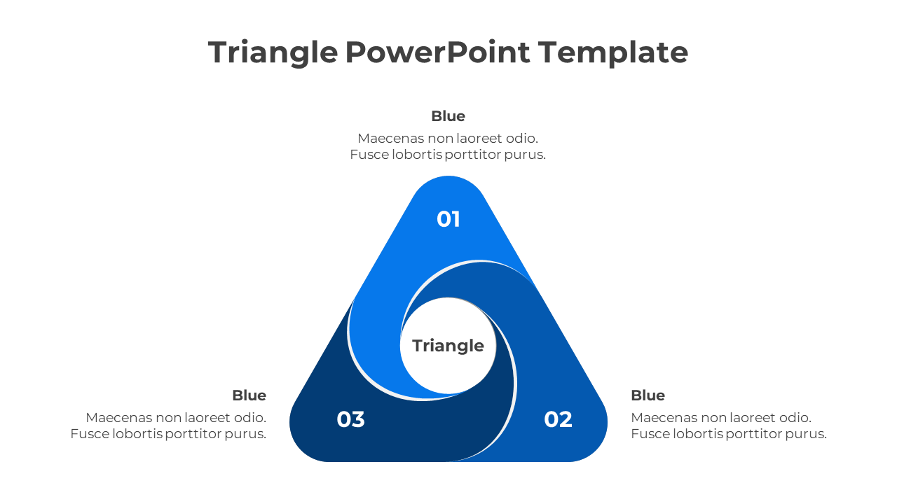 Triangle PowerPoint template with three sections labeled 01, 02, and 03, with swirling blue color transitions.