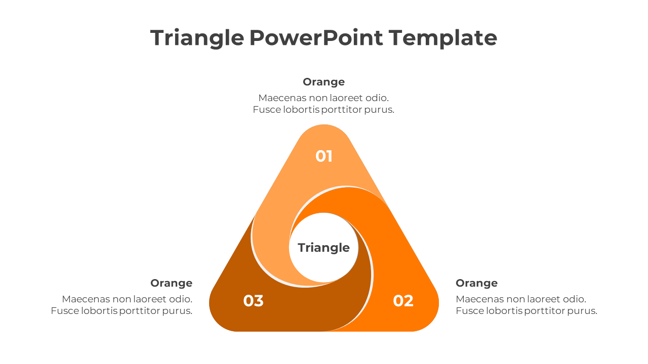 Three-segmented orange triangle with numbered sections labeled 01, 02, and 03, surrounding a central circular area.