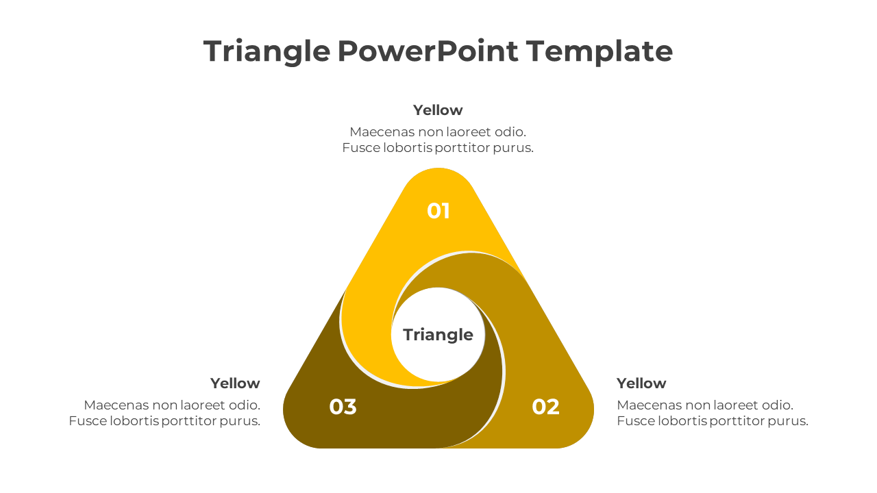 Triangle PowerPoint template featuring a triangular diagram with three sections labeled 01, 02, and 03, for presenting data.