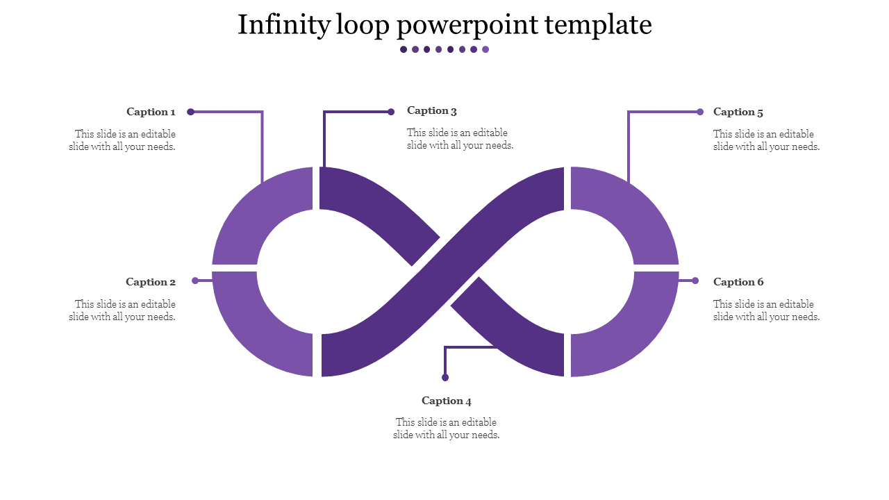 Purple infinity loop diagram with six labeled captions connected around it, on a white background.