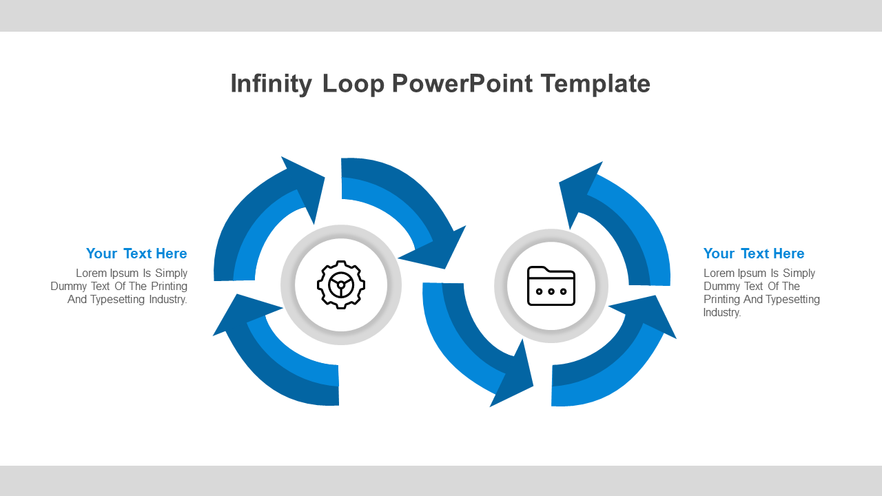 Infinity loop diagram with blue arrows, featuring two circular segments, each containing an icon and captions.