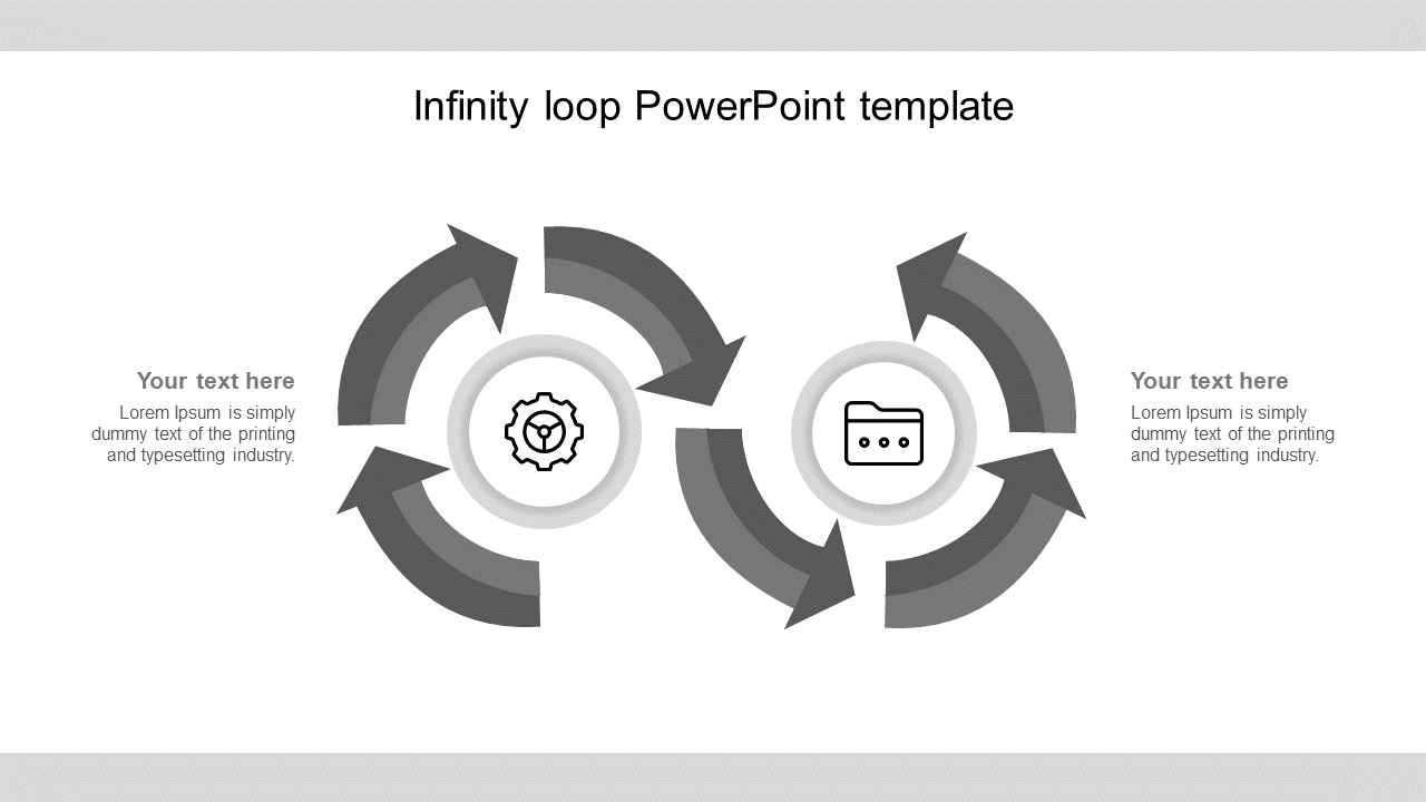 Gray infinity loop formed of arrows with two icons in the center, and text positioned on the left and right.